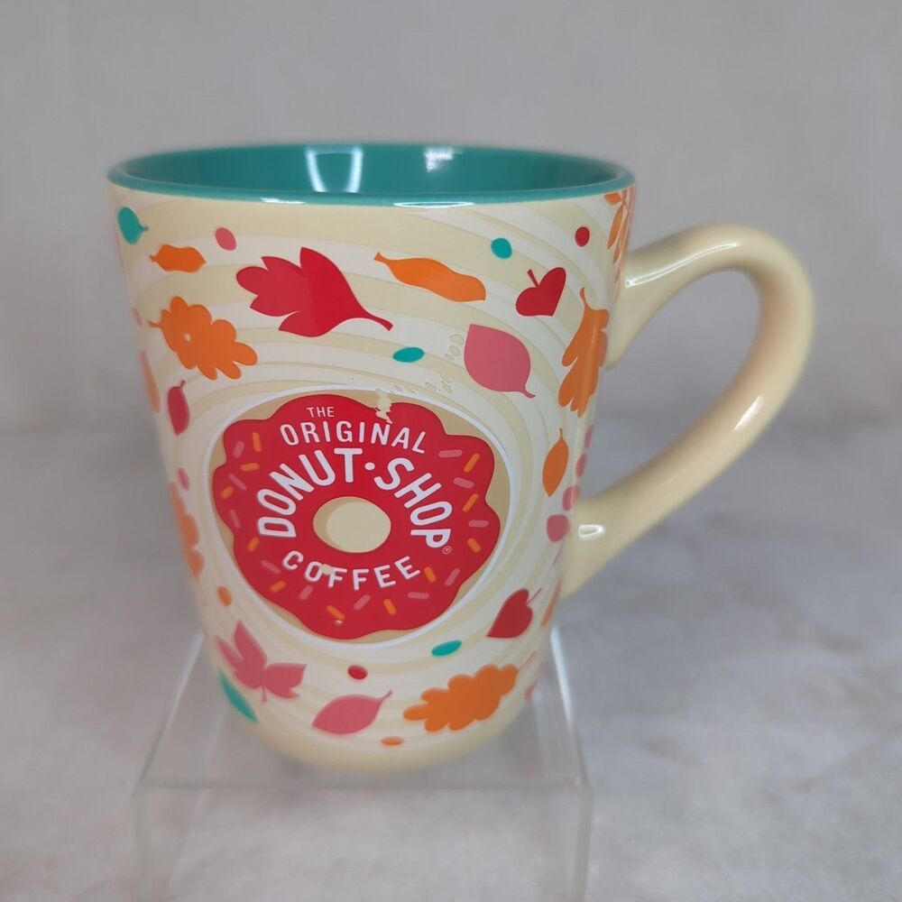 The Original Donut Shop Coffee Mug Fall Leaves 12 fl oz Cream Cup Teal Interior